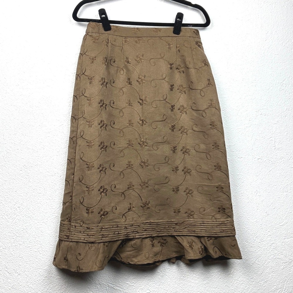 90's Voir Collection Brown Embroidered Midi Skirt - L - Ruffle Hem Floral Y2K
